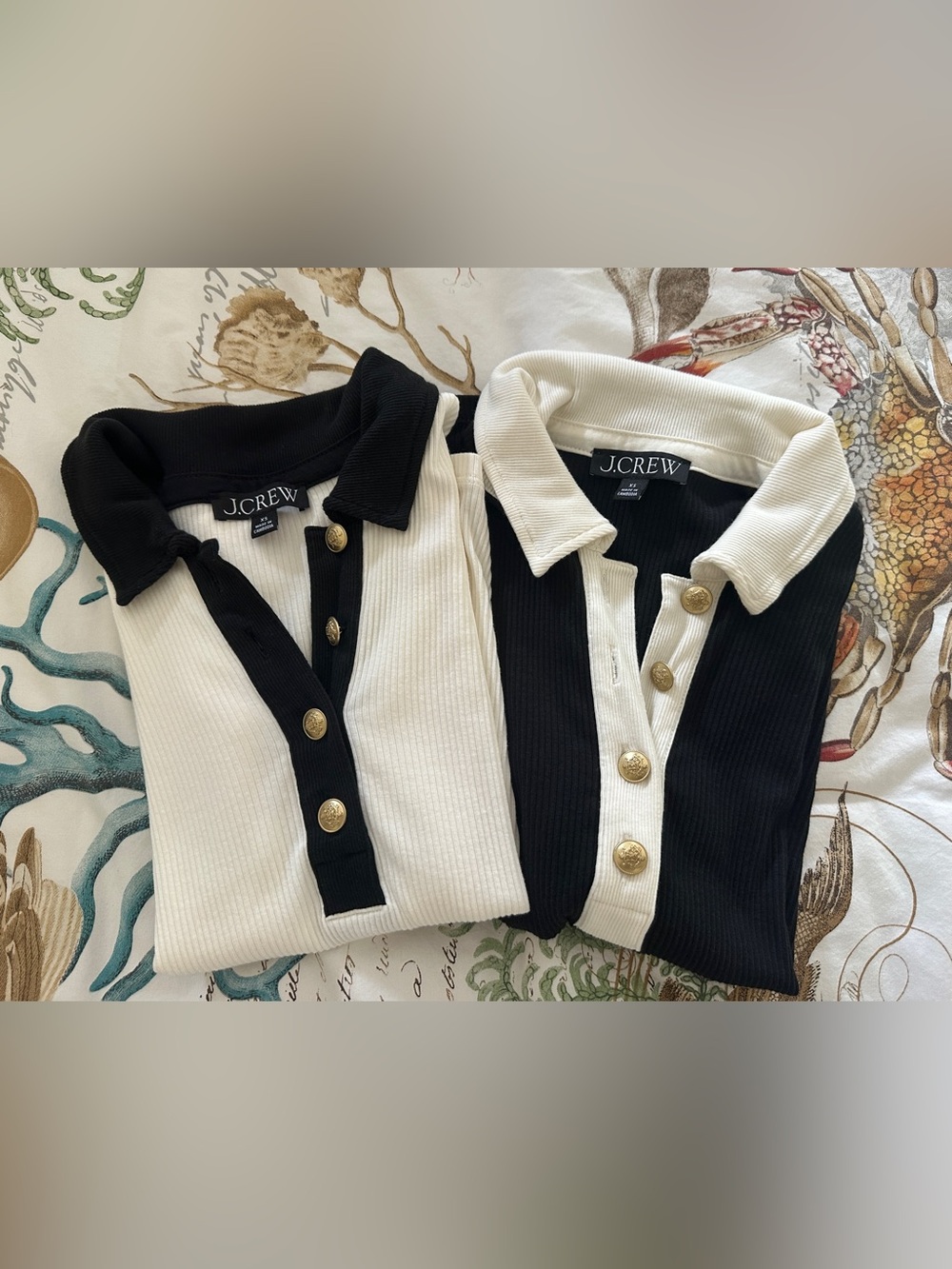 J. Crew Black Short-Sleeve Polo Top with Cream Collar and Gold Buttons